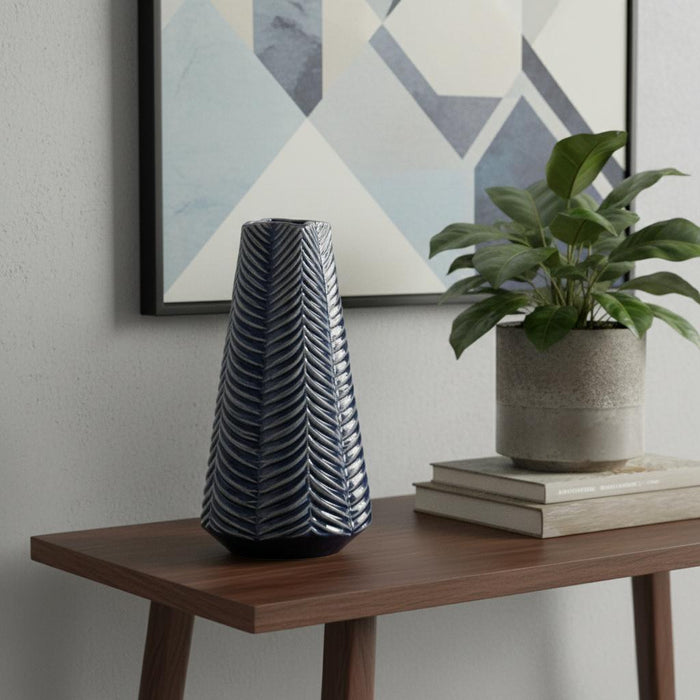 10" Navy Blue Abstract Ceramic Cylinder Table Vase