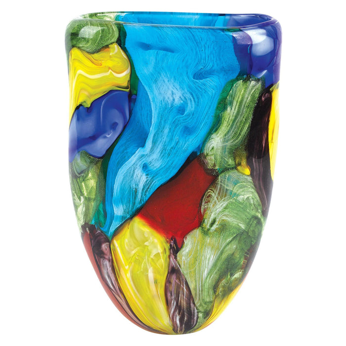 11" Blue Green Red And Yellow Cylinder Murano Glass Table Vase