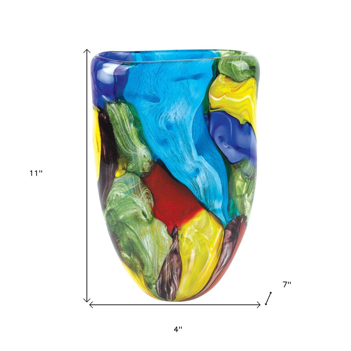 11" Blue Green Red And Yellow Cylinder Murano Glass Table Vase