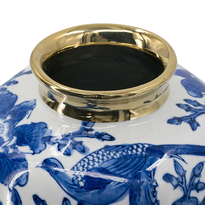 11" Blue White And Gold Chinoiserie Floral Porcelain Table Vase