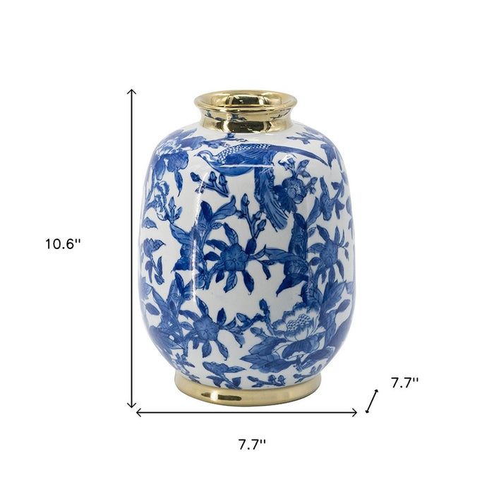 11" Blue White And Gold Chinoiserie Floral Porcelain Table Vase