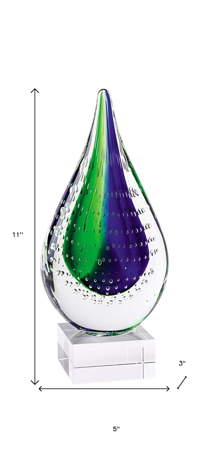 11" Clear Blue and Green Murano Glass Modern Abstract Tabletop Sculpture