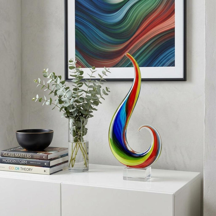 12" Clear Red Blue Yellow Murano Glass Modern Abstract Tabletop Sculpture