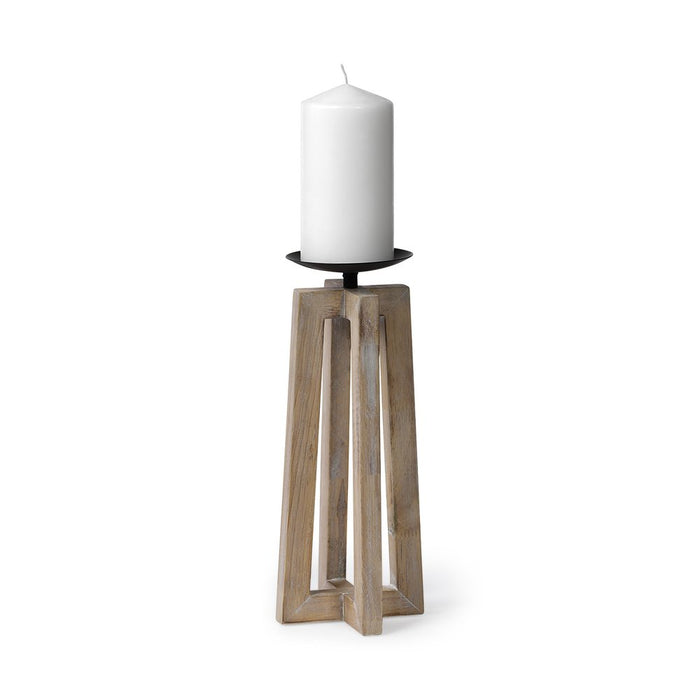 12" Light Brown Distressed Geometric Solid Wood And Metal Tabletop Pillar Candle Holder