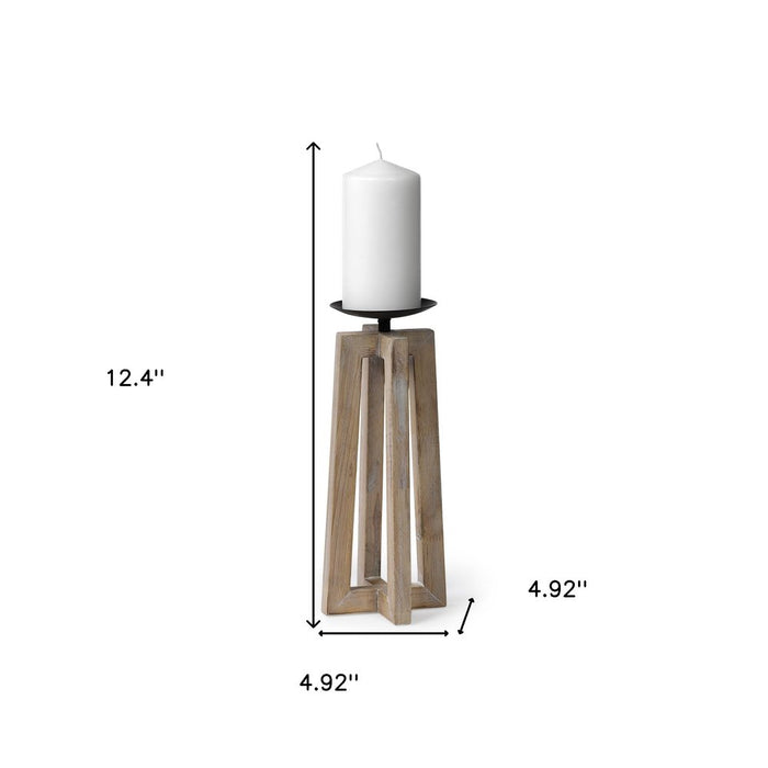 12" Light Brown Distressed Geometric Solid Wood And Metal Tabletop Pillar Candle Holder