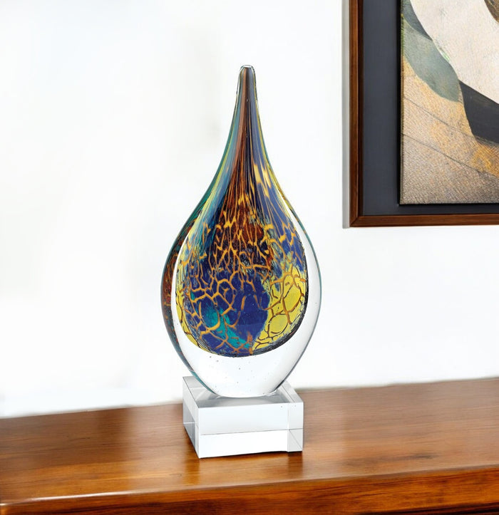 13" Blue and Yellow Murano Glass Modern Abstract Tabletop Sculpture