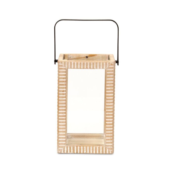 13" Natural Distressed Geometric Solid Wood Tabletop Lantern Candle Holder