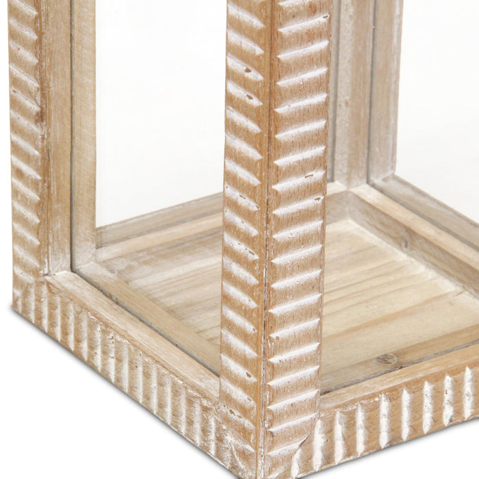 13" Natural Distressed Geometric Solid Wood Tabletop Lantern Candle Holder