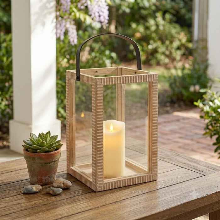 13" Natural Distressed Geometric Solid Wood Tabletop Lantern Candle Holder