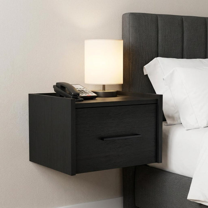 14" Black Wood One Drawer Floating Nightstand