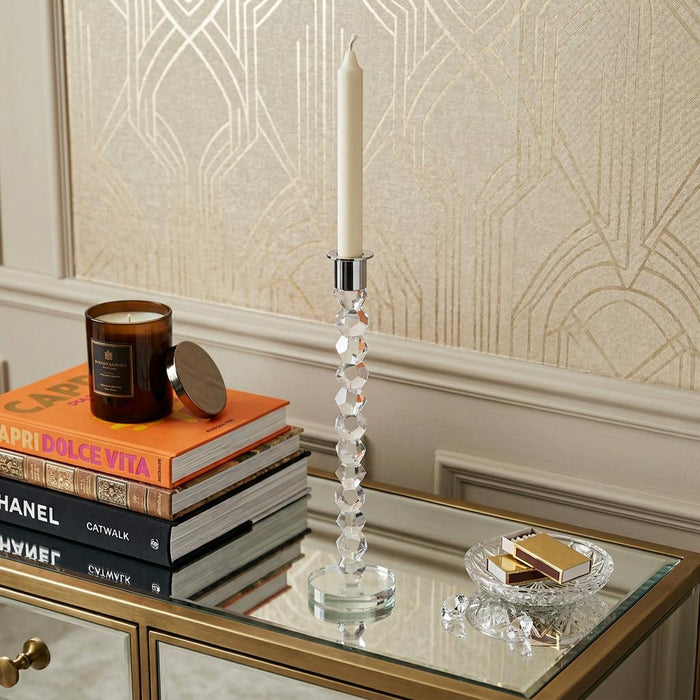 14" Clear And Silver Geo Stacks Crystal Tabletop Taper Candlestick