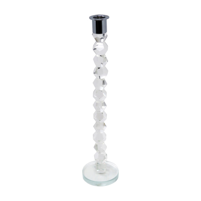 14" Clear And Silver Geo Stacks Crystal Tabletop Taper Candlestick