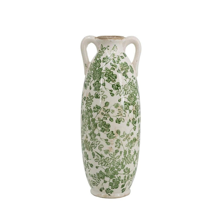 14" Green And White Leaf Ceramic Amphora Table Vase