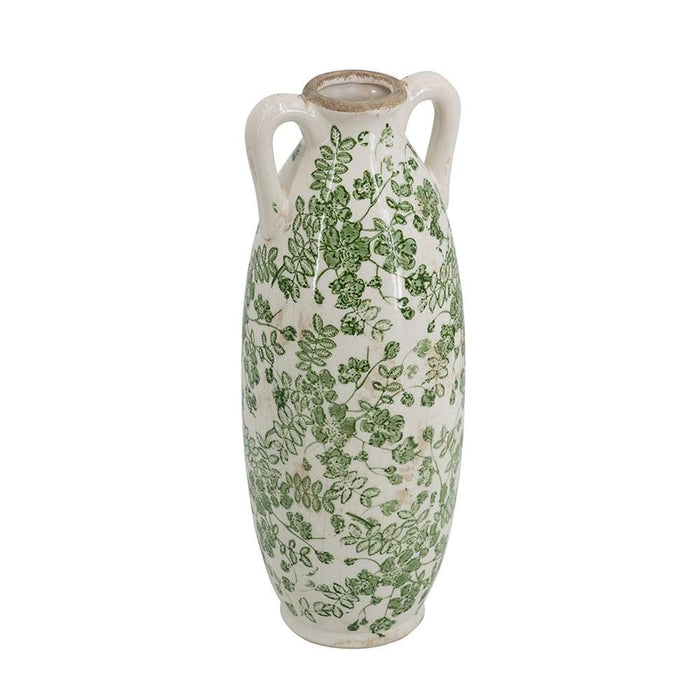 14" Green And White Leaf Ceramic Amphora Table Vase