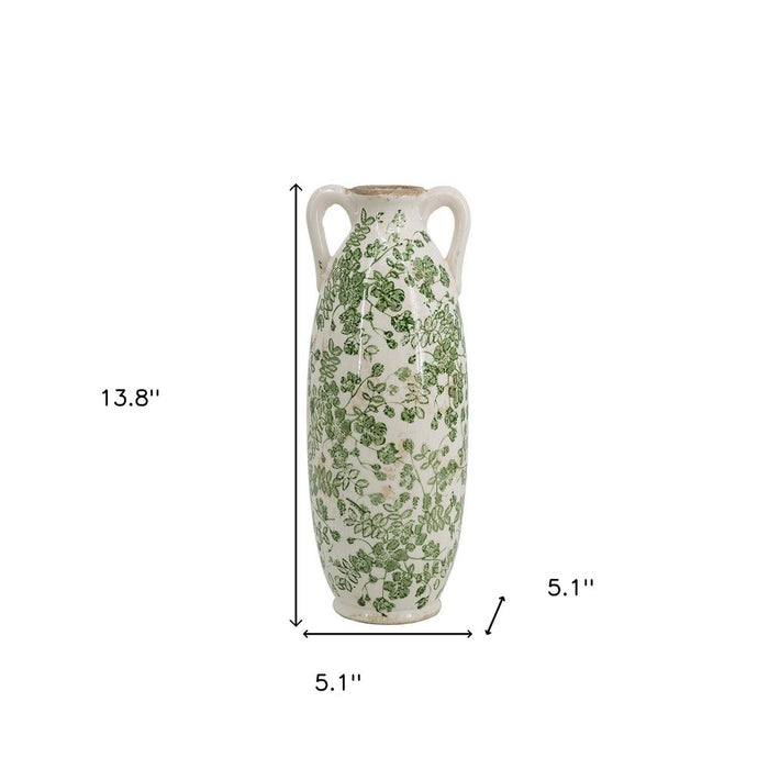 14" Green And White Leaf Ceramic Amphora Table Vase