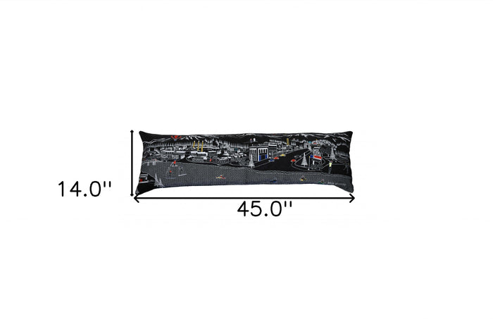 14" X 45" Dark Gray And White Bend Nighttime Skyline Lumbar Decorative Pillow
