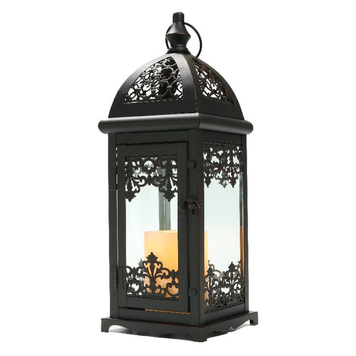 15" Black And Clear Metal And Glass Filigree Tabletop Lantern Candle Holder