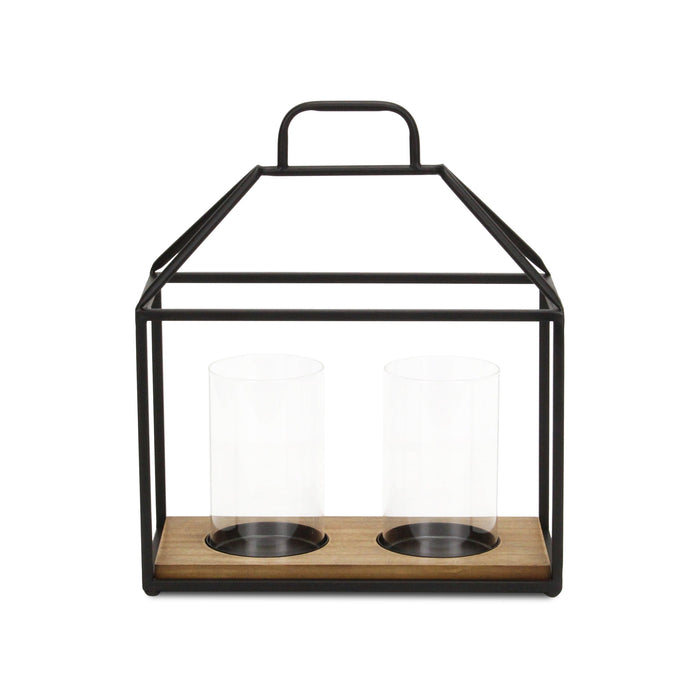 15" Black Metal Glass And Wood Geometric Two Light Hurricane Candle Holder
