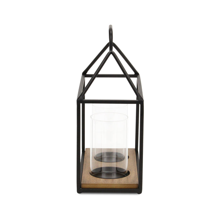 15" Black Metal Glass And Wood Geometric Two Light Hurricane Candle Holder