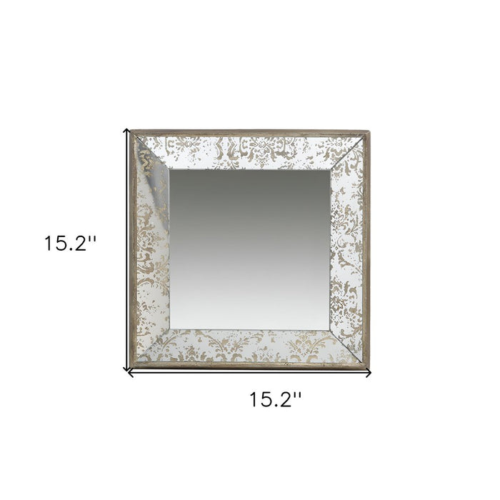 15" Brown Square Framed Antiqued Damask Accent Mirror