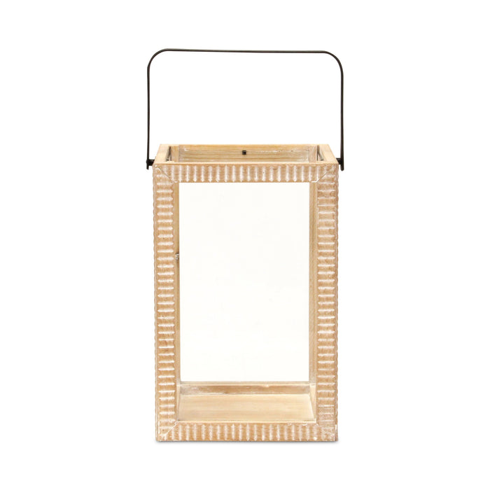 16" Clear And Natural Glass And Solid Wood Tabletop Lantern Candle Holder