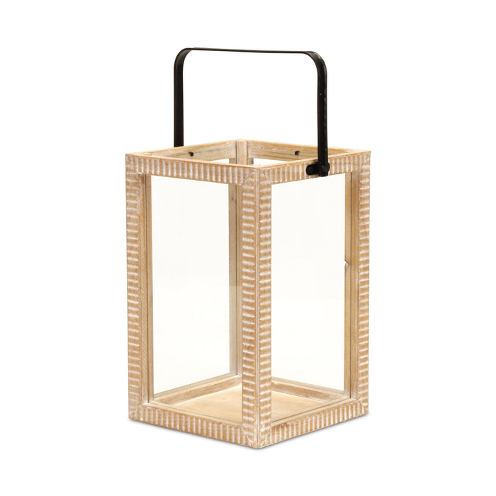 16" Clear And Natural Glass And Solid Wood Tabletop Lantern Candle Holder