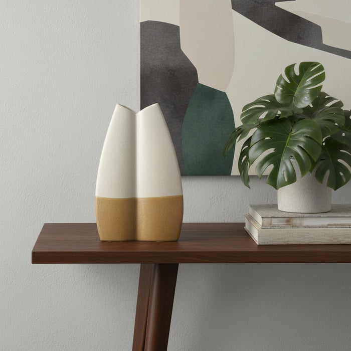 16" Off White And Tan Color Block Ceramic Table Vase