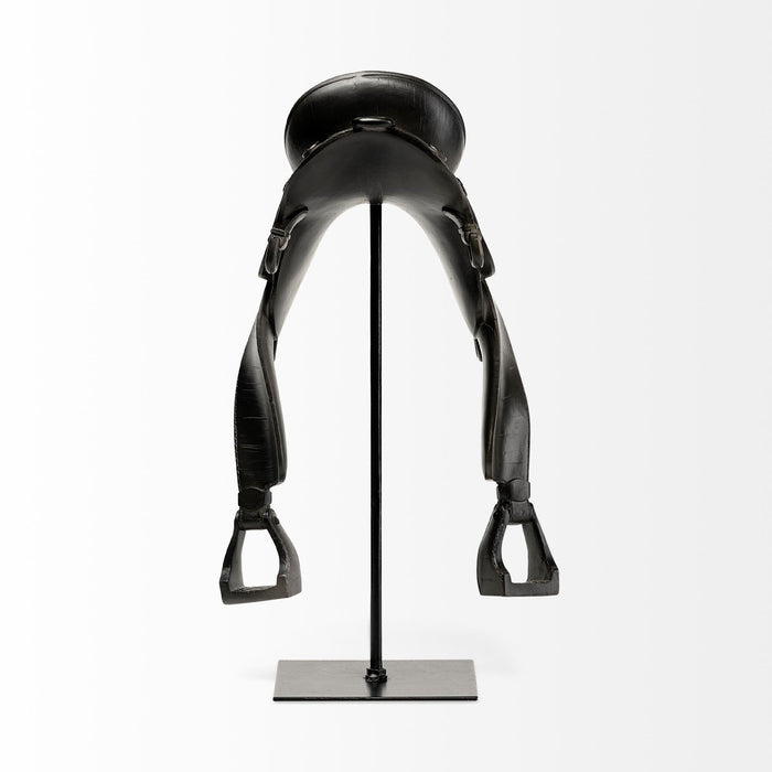 17" Black Metal And Resin English Horse Saddle Tabletop Sculpture