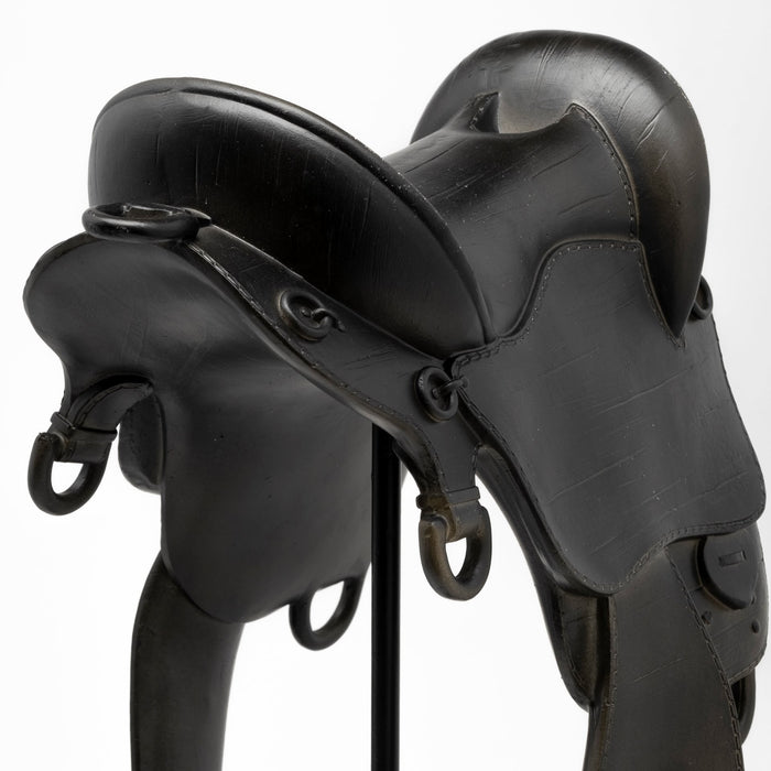 17" Black Metal And Resin English Horse Saddle Tabletop Sculpture
