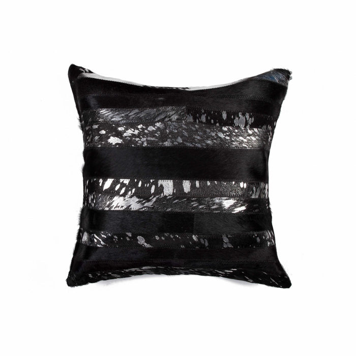 18" Black And Silver Striped Cowhide Throw Pillow
