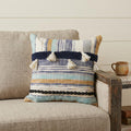 18" Blue and Beige Throw Pillow with Tassels