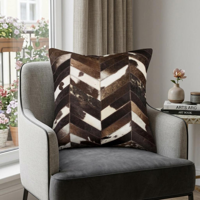 18" Brown and Off White Chevron Cowhide Throw Pillow