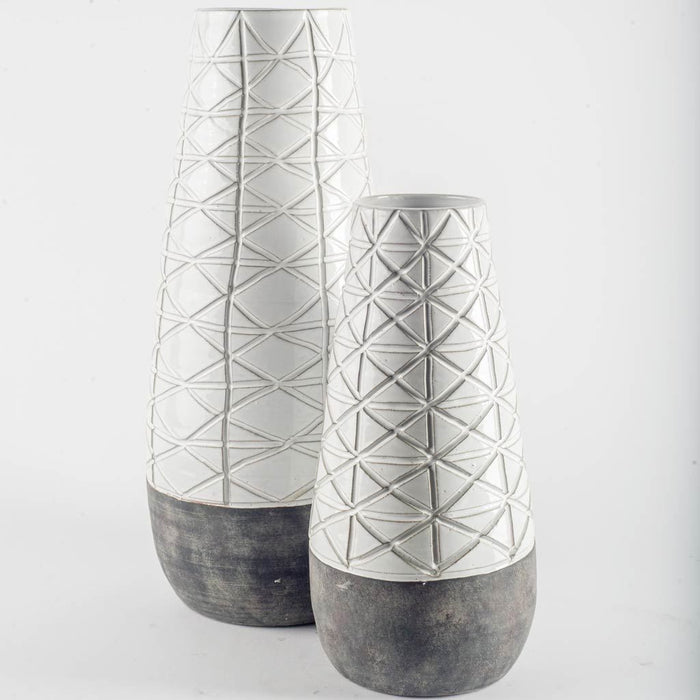21" Gray And White Abstract Cylinder Ceramic Table Vase
