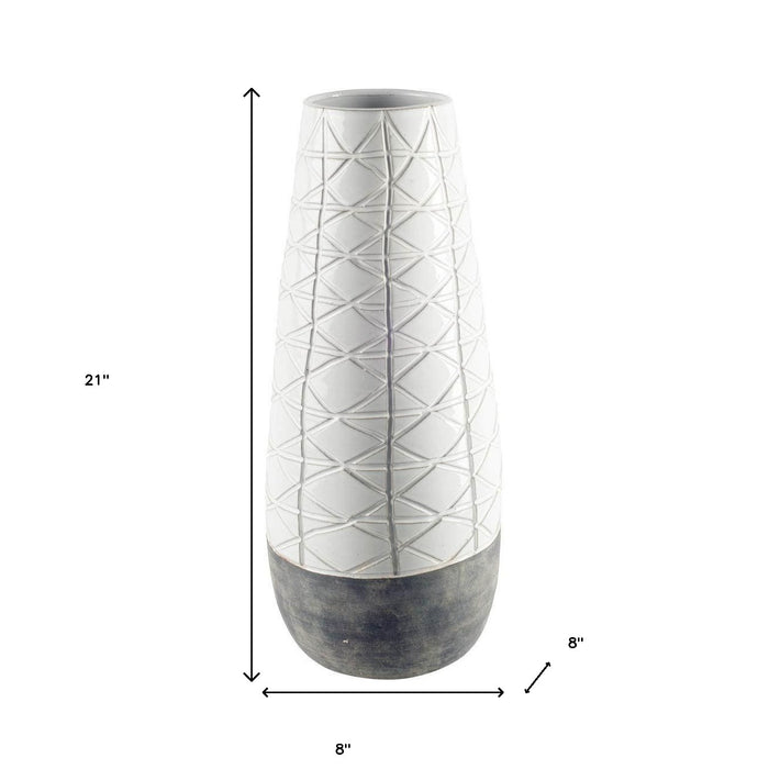 21" Gray And White Abstract Cylinder Ceramic Table Vase