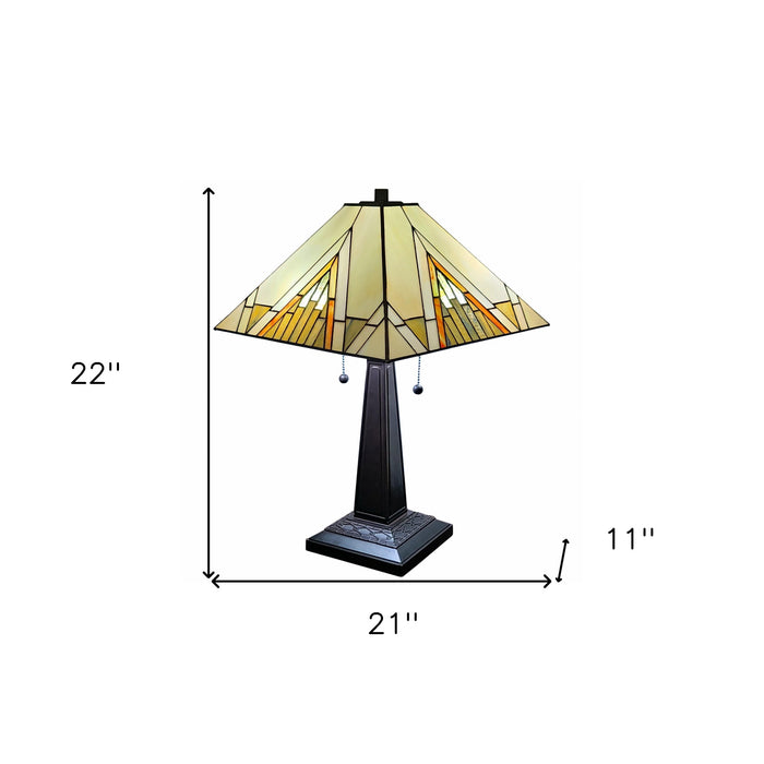 22" Dark Brown Metal Two Light Candlestick Table Lamp With Beige Shade