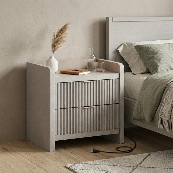 22" Gray Wood Ribbed Texture Two Drawer Nightstand with USB Port and Integrated Tech