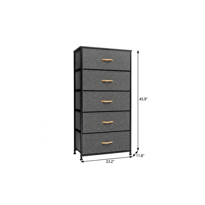23" Gray and Black Steel and Fabric Five Drawer Chest