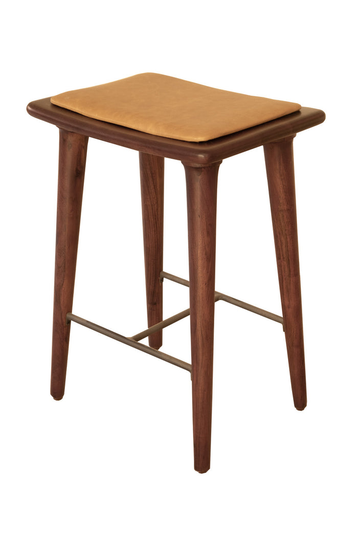 24" Cream And Brown Genuine Leather And Solid Wood Backless Counter Height Bar Chair