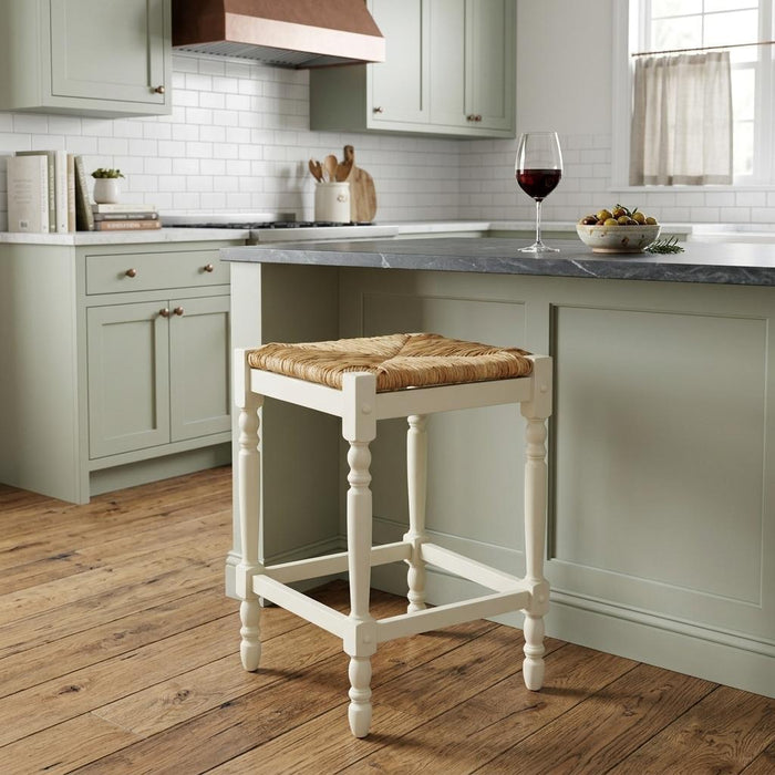 24" Natural And Antiqued White Rush And Solid Wood Backless Counter Height Bar Chair