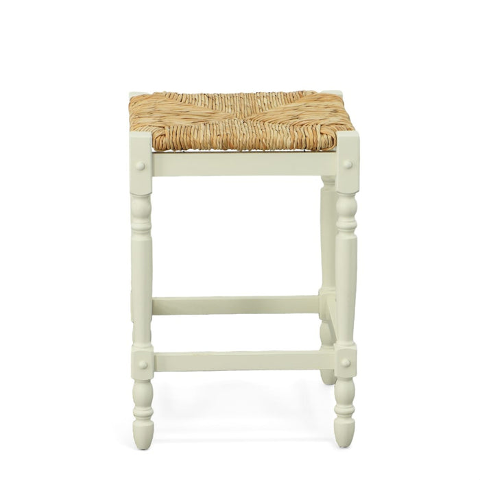 24" Natural And Antiqued White Rush And Solid Wood Backless Counter Height Bar Chair