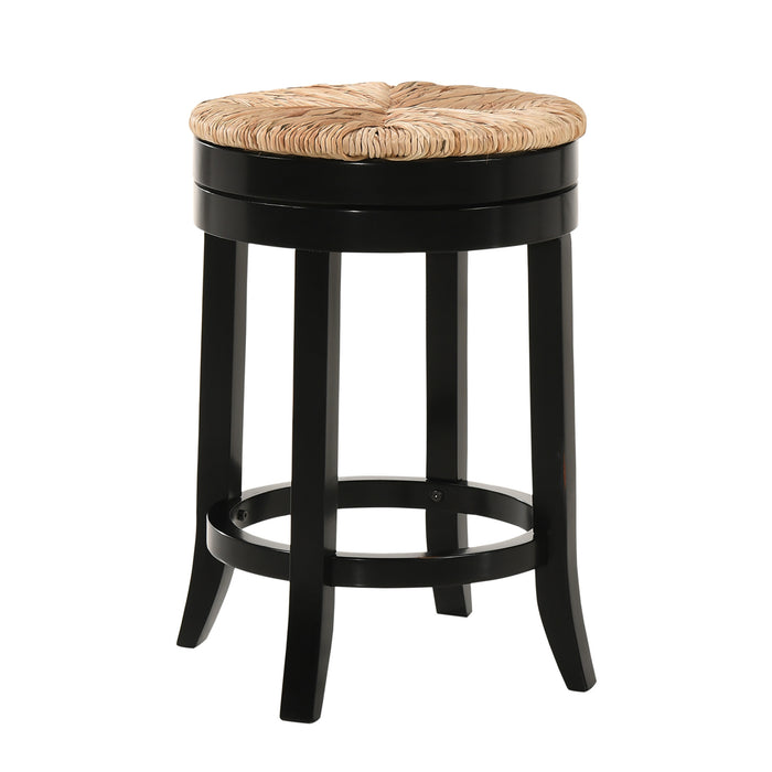24" Natural And Black Rush And Solid Wood Backless Counter Height Swivel Bar Chair