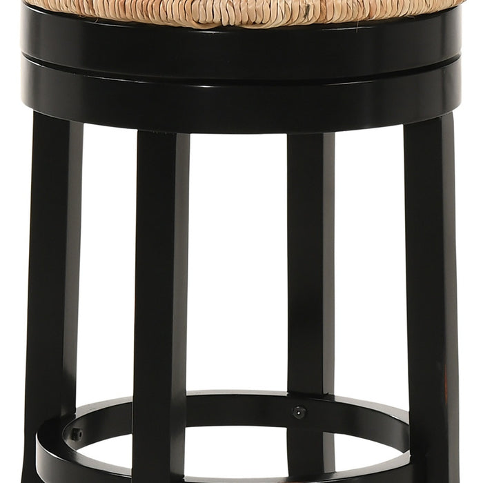 24" Natural And Black Rush And Solid Wood Backless Counter Height Swivel Bar Chair
