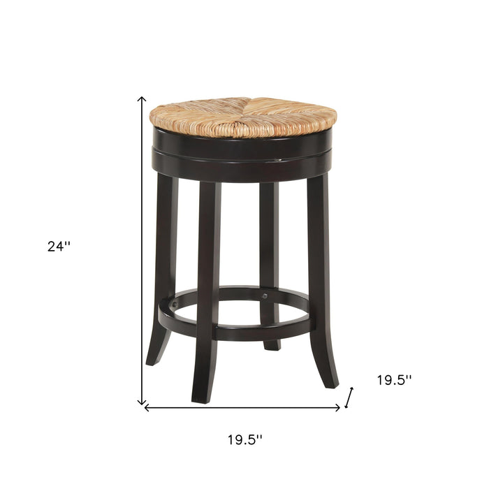 24" Natural And Espresso Rush And Solid Wood Backless Counter Height Swivel Bar Chair