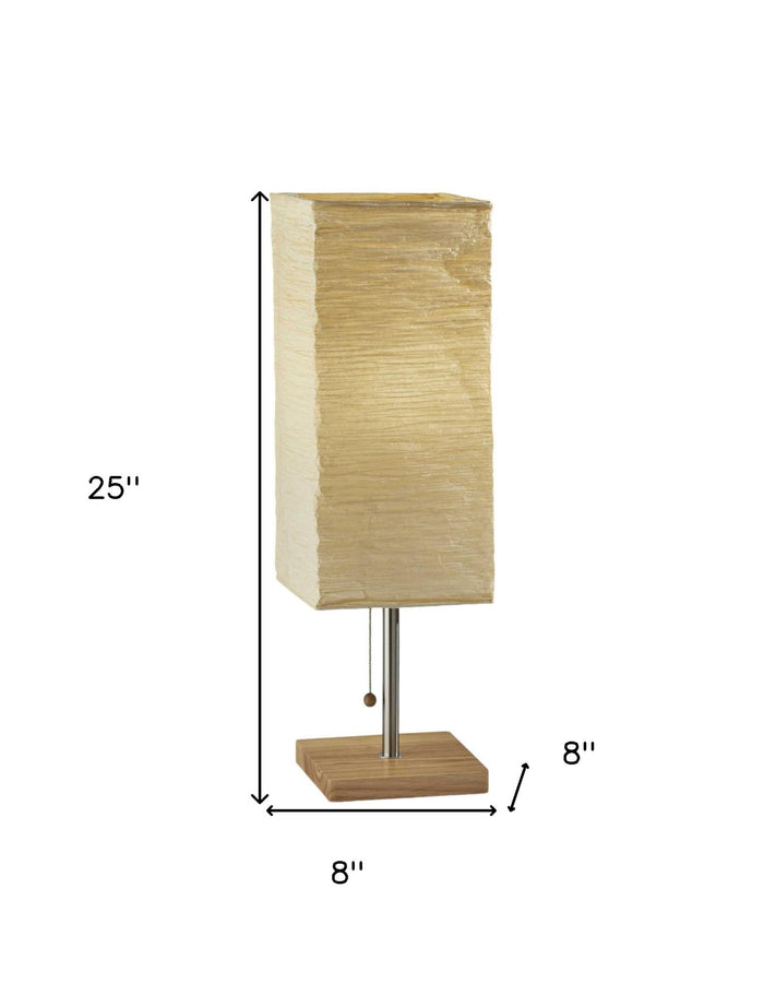 25" Natural Solid Wood And Silver Metal Table Lamp Beige Paper Shade