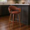 26" Brown Fabric And Wood Low Back Counter Height Swivel Bar Chair