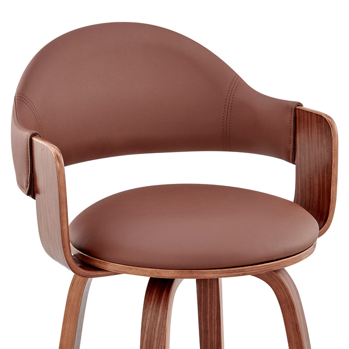 26" Brown Fabric And Wood Low Back Counter Height Swivel Bar Chair