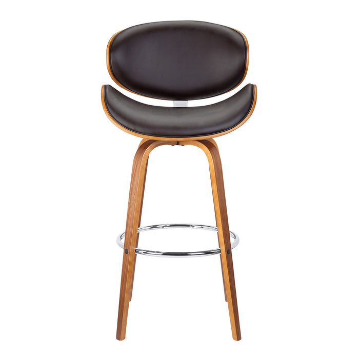 26" Brown Faux Leather And Fabric And Iron Low Back Counter Height Swivel Bar Chair