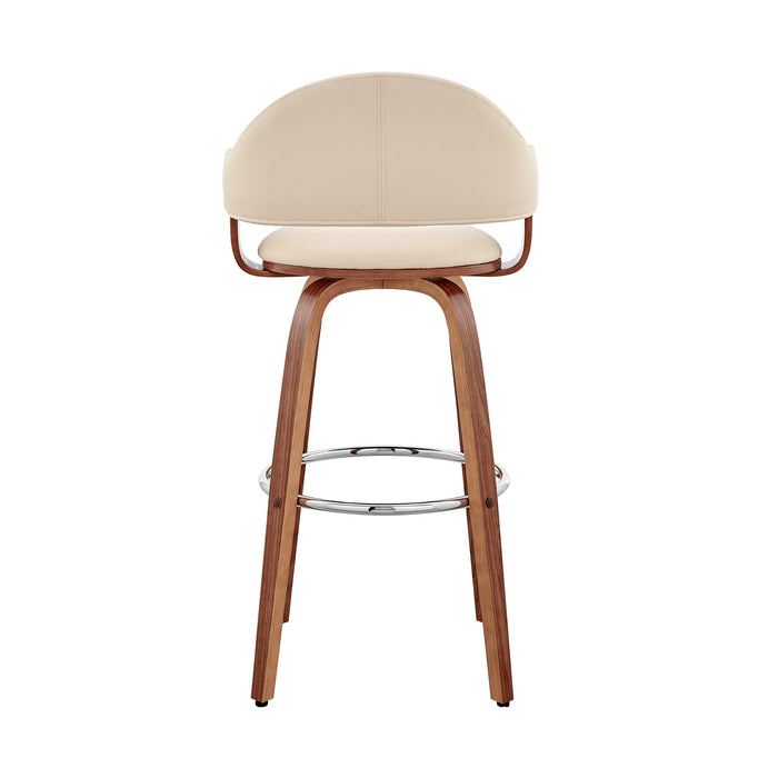 26" Cream And Brown Fabric And Wood Low Back Counter Height Swivel Bar Chair