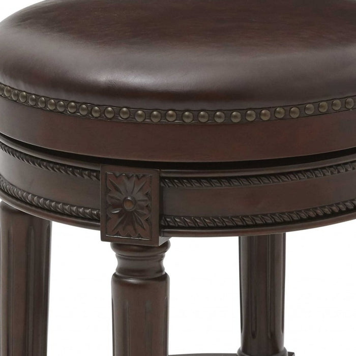 26" Dark Brown And Brown Faux Leather And Wood Backless Counter Height Swivel Bar Chair