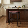 26" Dark Red And Espresso Faux Leather And Solid Wood Backless Counter Height Bar Chair